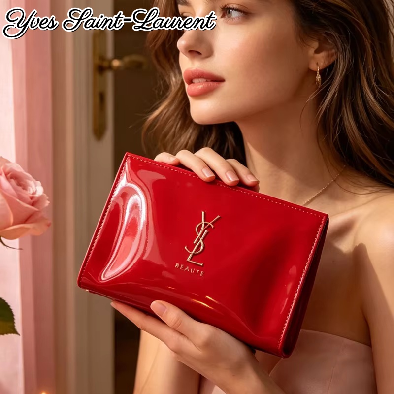 Ysl Beauty Makeup - YSL Kırmızı Patent Deri Fermuarlı Kozmetik