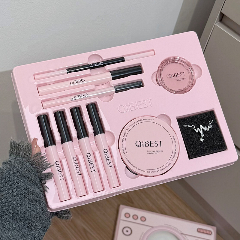 Beauty Makeup Kit Box - QIBEST Pembe Kamera Makyaj Seti Ruj